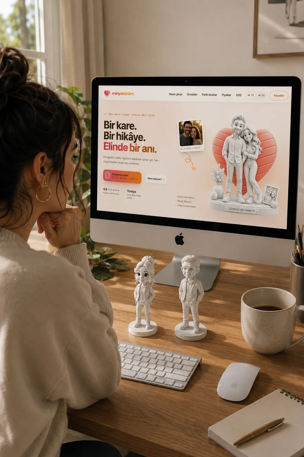 Çalışma masasında bilgisayar ekranında minyaturum.com açık, önünde iki küçük figür