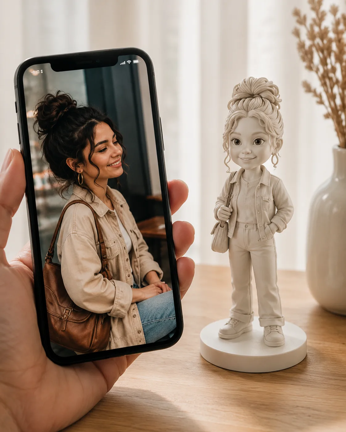 Elde tutulan telefondaki fotoğraf ve yanında aynı kişinin beyaz 3D figürü